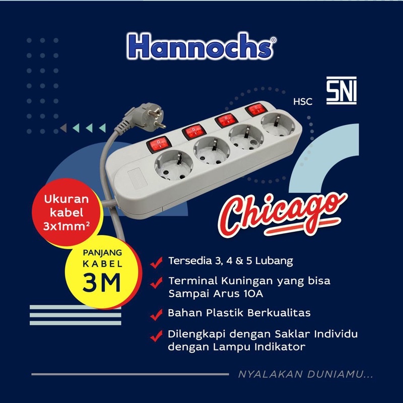 Stop Kontak3 Lubang &amp; 4 Lubang + Saklar Lampu 3 Meter Chicago Hannochs