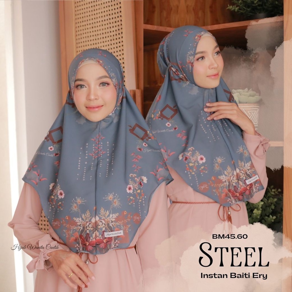 Hijabwanitacantik - Instan Baiti Ery BM45.60 STEEL | Hijab Instan Bergo | Jilbab Instan Motif Printing Premium