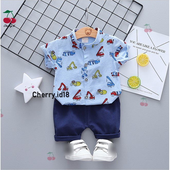 Cherry COD Setelan Kemeja Anak Motif Traktor / Setelan Kemeja Anak Lengan Pendek  / Baju Anak Laki Laki -  KB10