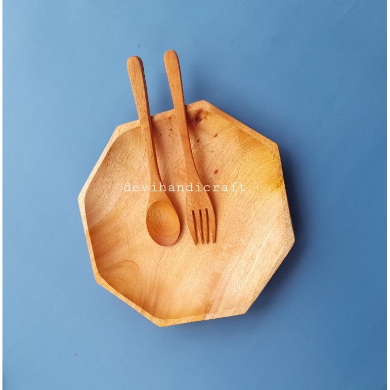 piring kayu/piring makan/piring mukbang/piring saji segi 8 20cm set sendok garpu