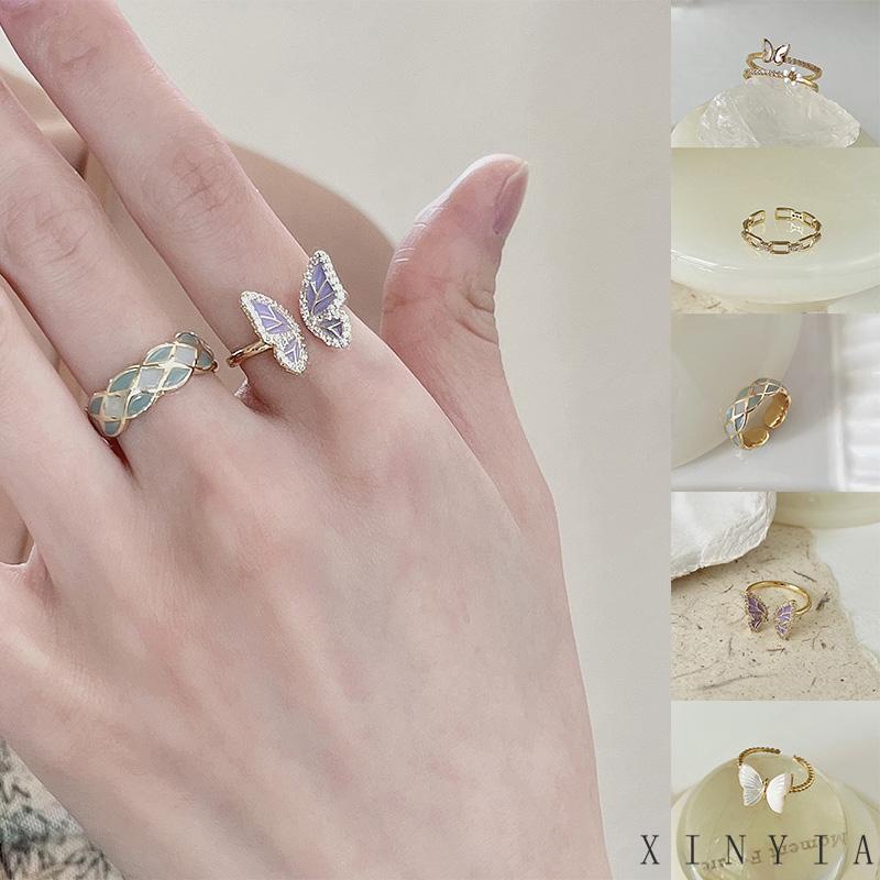 【Bayar di tempat】Niche Cincin Unik Mutiara kelas atas-Won Butterfly Cincin Desain Kupu-Kupu Aksen Mutiara Untuk Wanita