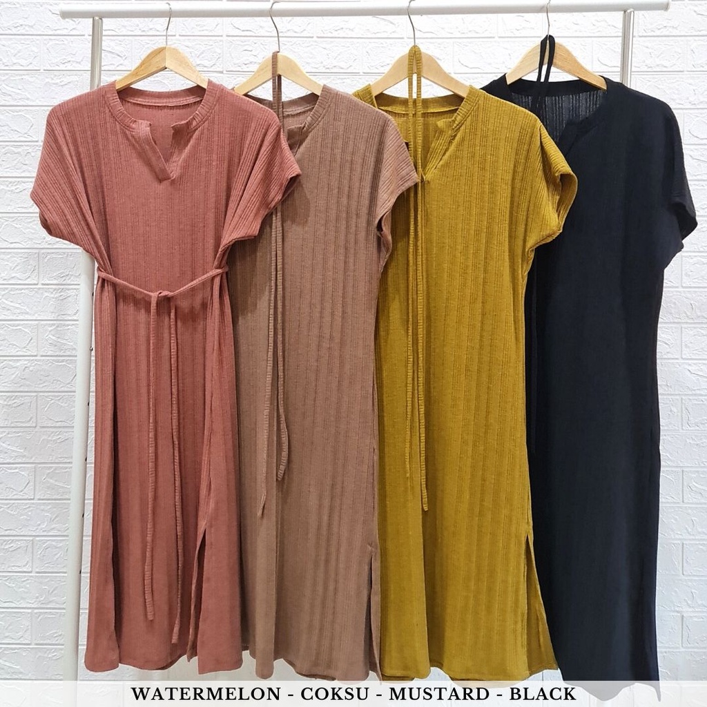 4298 minari strap knit midi dress belt casual dress rib knit