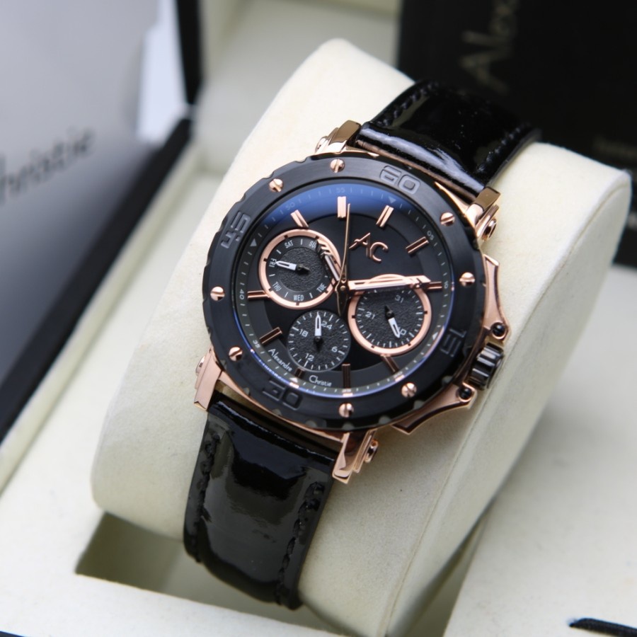ALEXANDRE CHRISTIE AC 9205 ROSEGOLD BLACK LEATHER WANITA. ORIGINAL