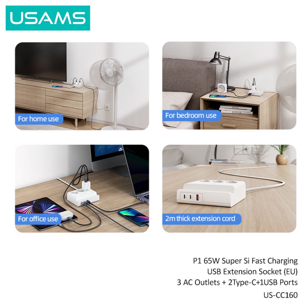 USAMS P1 65W Super Si Fast Charging USB Extension Socket 3AC+2C+1USB