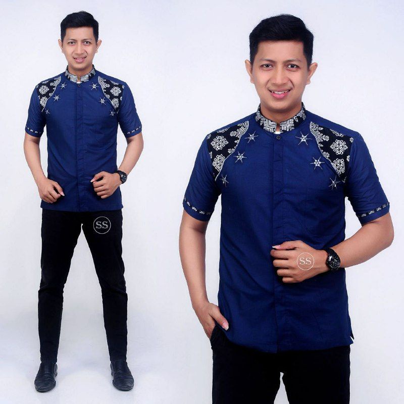 Baju koko Pria Bordir lengan pendek Baju koko Dewasa Matt Katun M L XL XXL Spesial navy/biru dongker