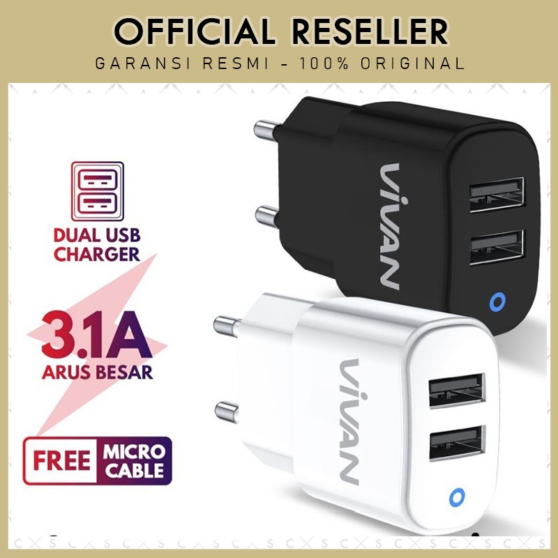 VIVAN VP01 Dual USB Charger Quick Charging 3.1A with Cable (new DD01)