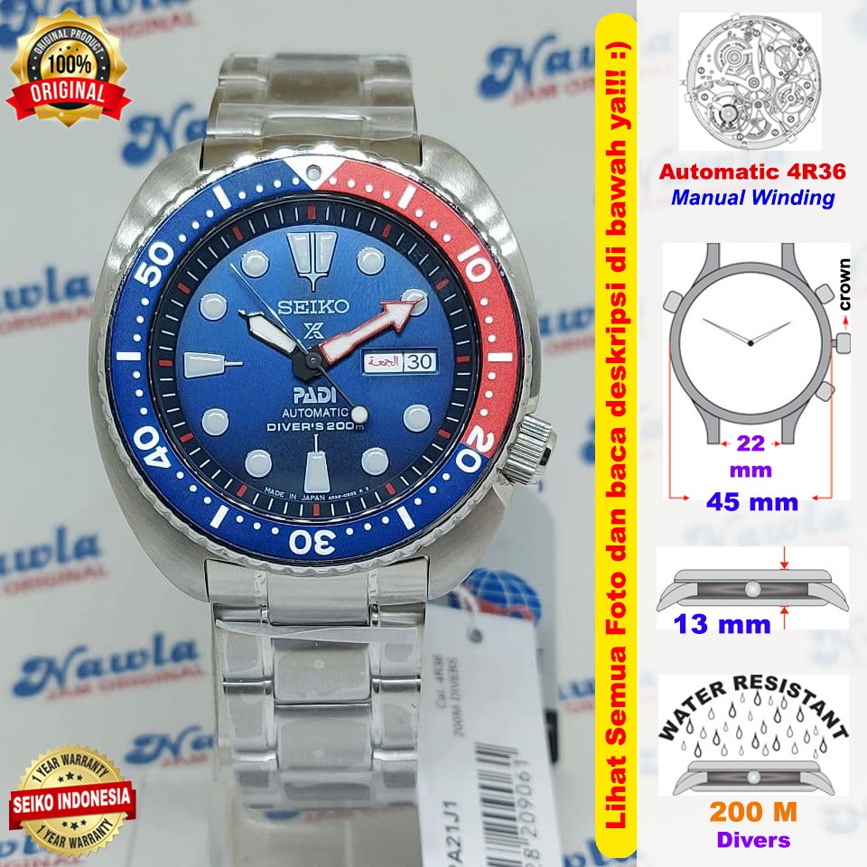 Seiko Prospex SRPA21J1 Turtle PADI Pepsi Bezel Jam Tangan Pria SRPA21