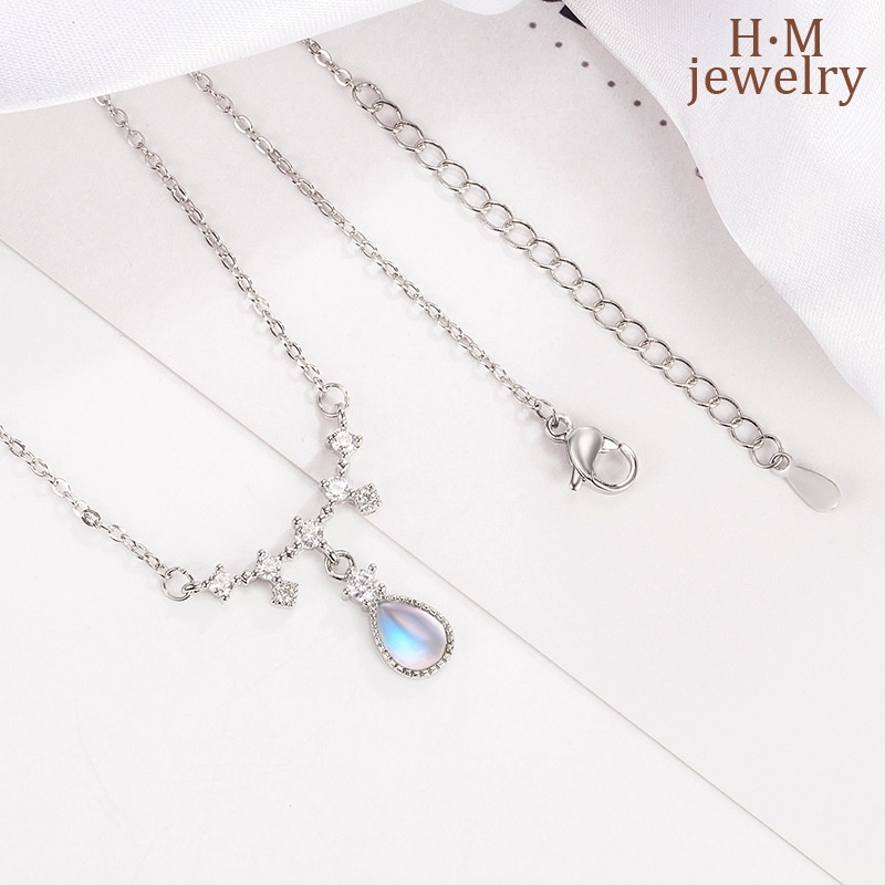 Kalung Rantai Sterling Silver 925 Dengan Liontin Batu Moonlight Warna-Warni Untuk Wanita