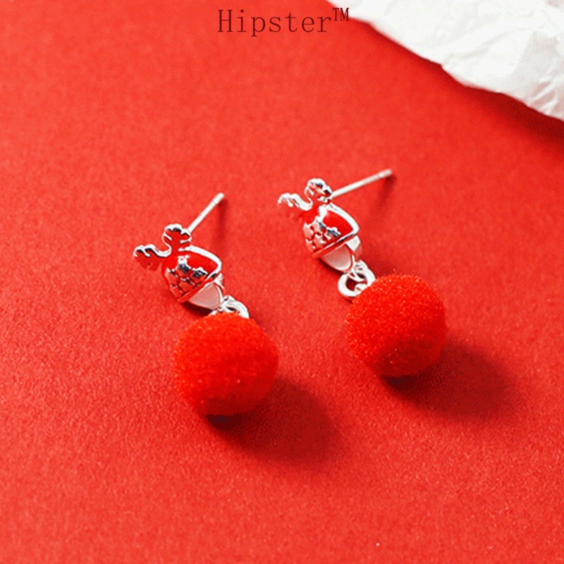 Anting Tusuk Sterling Silver 925 Model Santa Claus / Rusa Natal Dengan Bola Bulu Mink Untuk Wanita