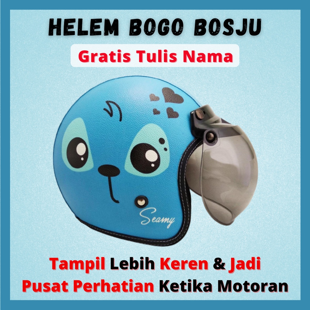 HELM BOGO RETRO KULIT WANITA DEWASA KACA DATAR CLASSIC WARNA BIRU LANGIT IMUT SNI - HELEM BOGO BOSJU