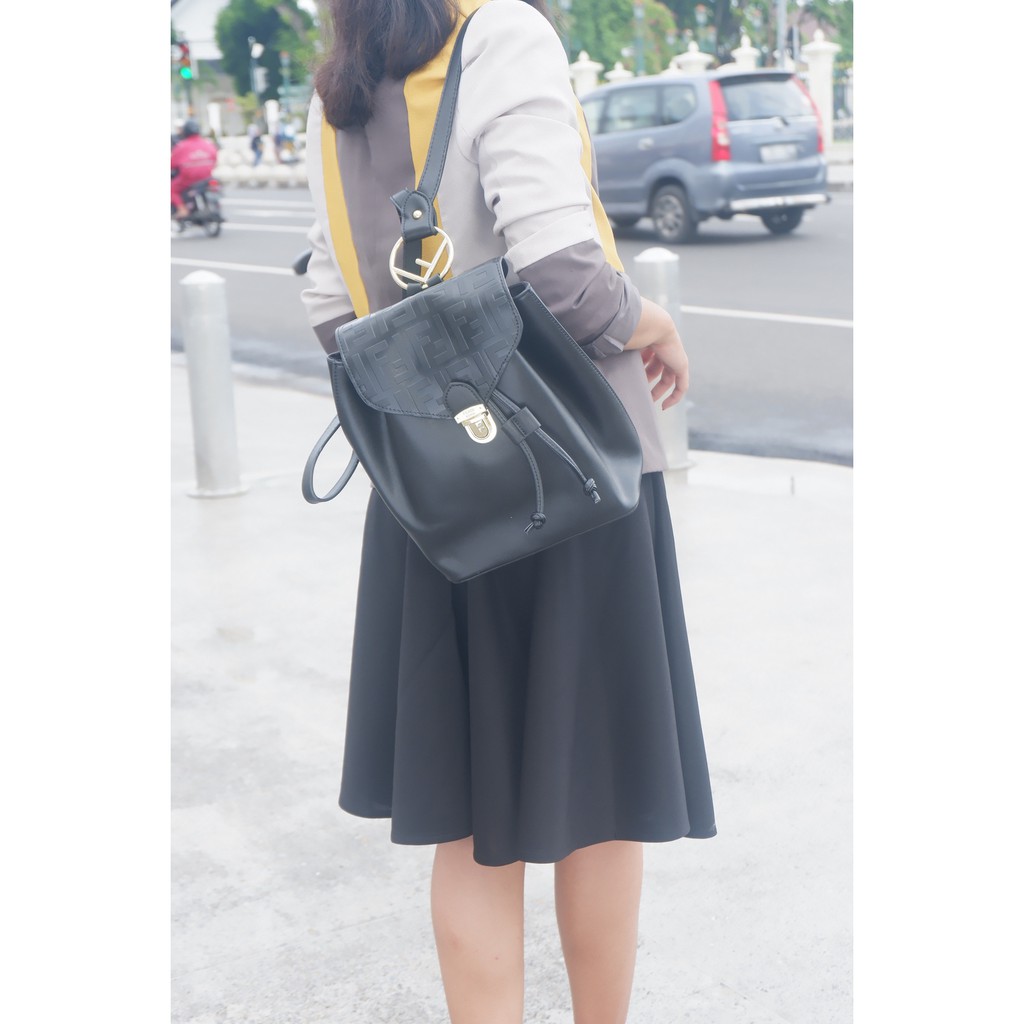 Fashion Backpack Drawstring PU Leather Import Premium / Tas ransel batam Serut wanita F Logo