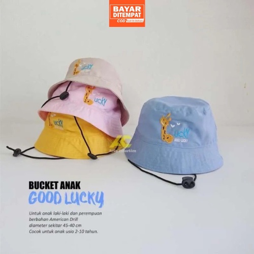 Bucket Hat Tali Anak Bordir Lucky / Topi Bucket Lucky Usia 2-7 Tahun Laki Perempuan