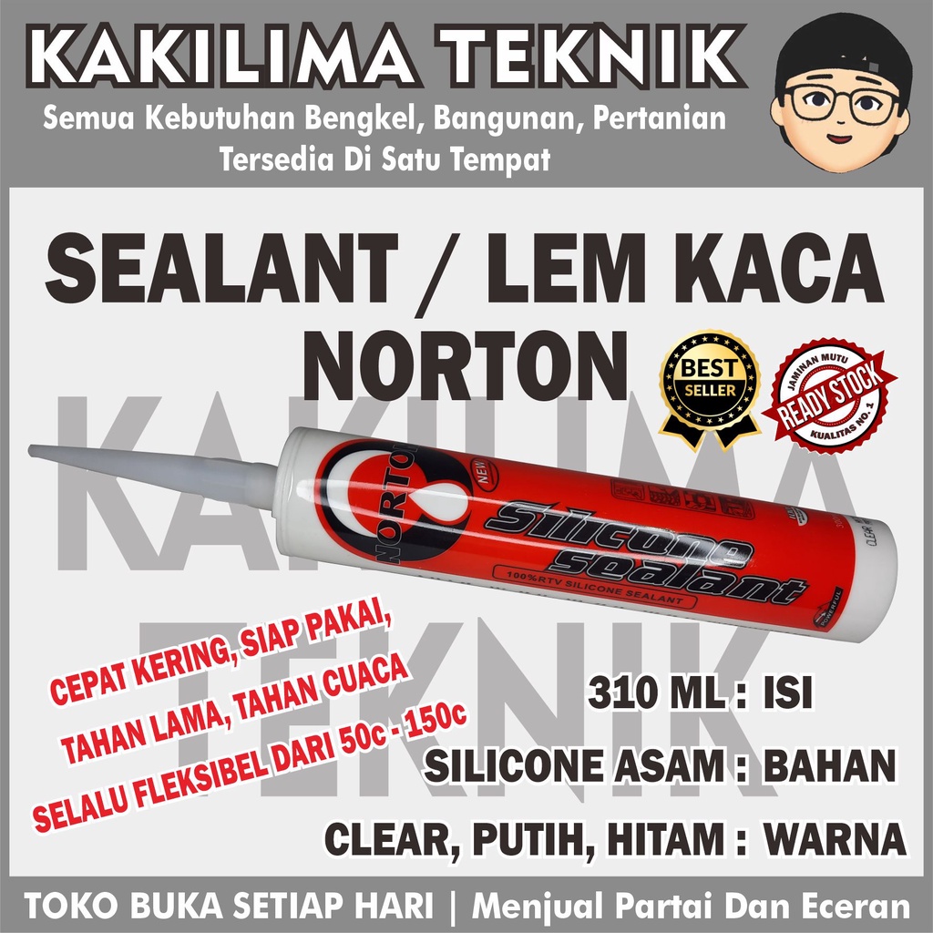 

Sealant Norton Silicone / Lem Kaca Silikon White, Black, Clear 300ml