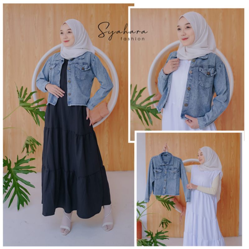 Gwen Set Gamis Putih / Hitam Polos Plus Jaket Jeans
