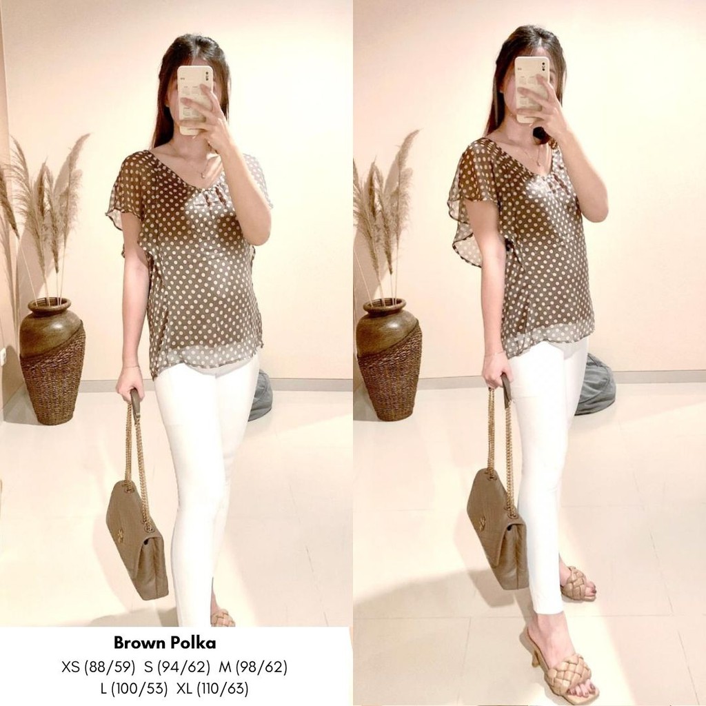 ESPRIT Blouse Wanita Casual Lengan Pendek - Atasan Wanita Polkadot - Blouse Polkadot Branded