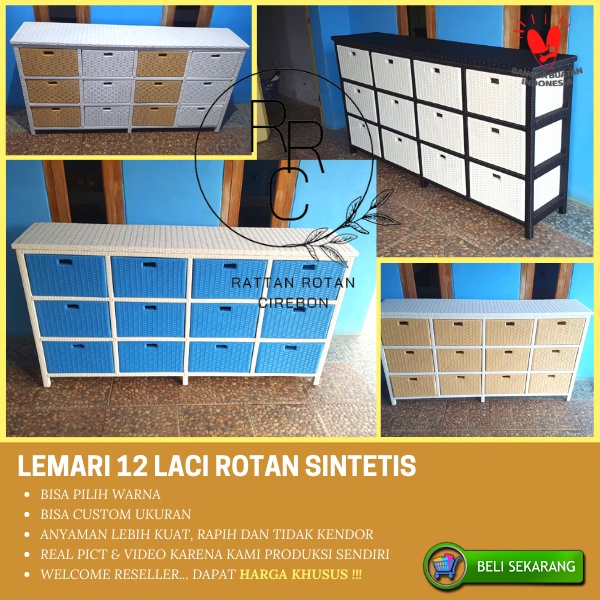 Lemari Laci Rak Rotan Sintetis Kabinet Plastik 12 Laci