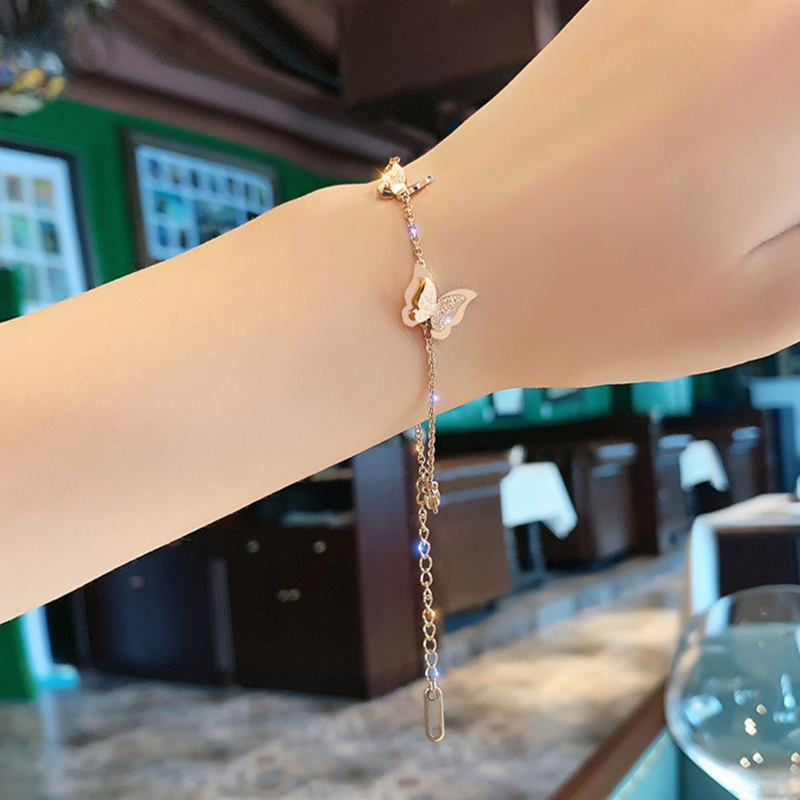 Gelang Titanium Wanita Anti Karat Kristal Mewah Bunga Kupu Desain Korea Bangle Ins Perhiasan Aksesoris Wanita