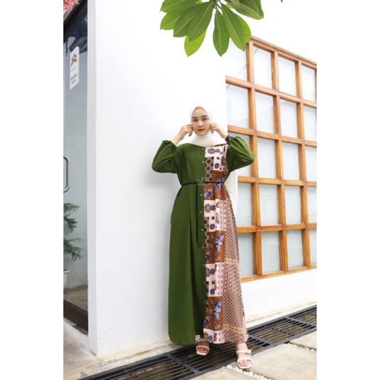 GABIN COMBIN - gamis batik kombinasi polos dress kombin etnik full kancing xl ld 106 modern gabiel