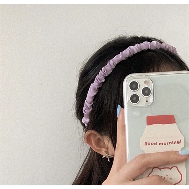 Bando Korea Kerut Scrunchie Headband Bondu Wanita Bandana Import Satin Polos Warna Warni