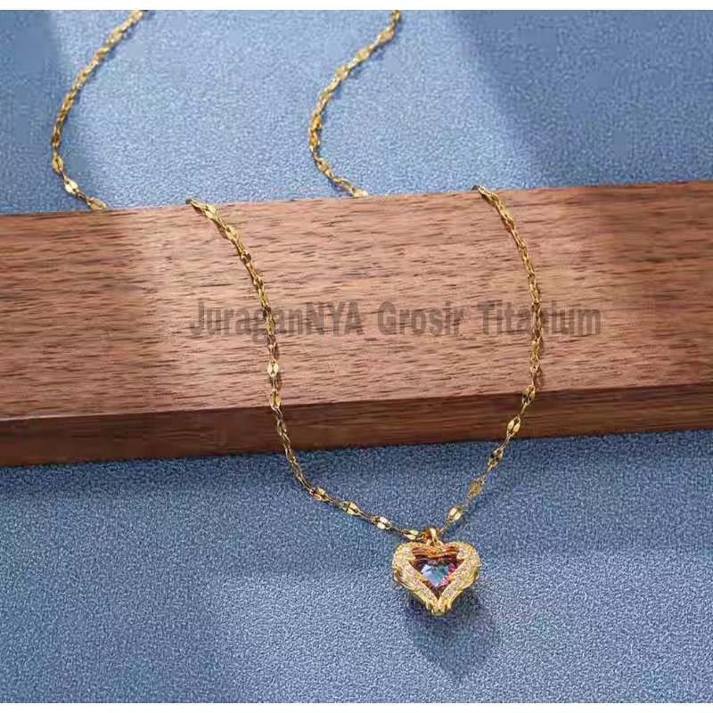 Kalung Titanium Elegant Love Kaca Full Mata Super Cantik Anti Karat