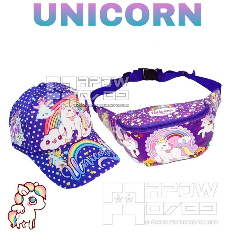 PDF tas slempang anak perempuan unicorn anti air topi anak perempuan unicorn paket 2in1 waistbag anak unicorn topi polkadot terbaru 2022