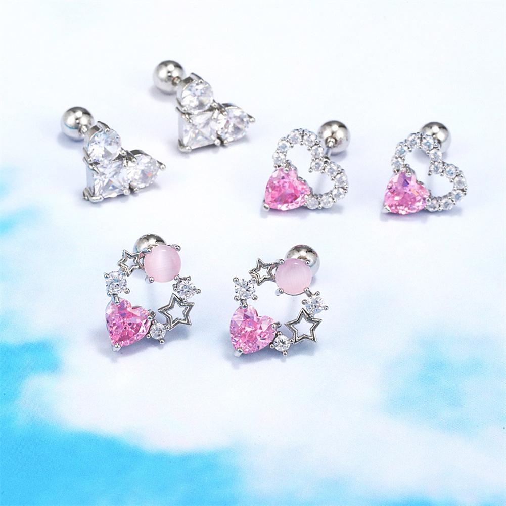 Anting Stud Manik-Manik Kristal Zircon Bentuk Bulat Warna Pink Untuk Hadiah Ulang Tahun