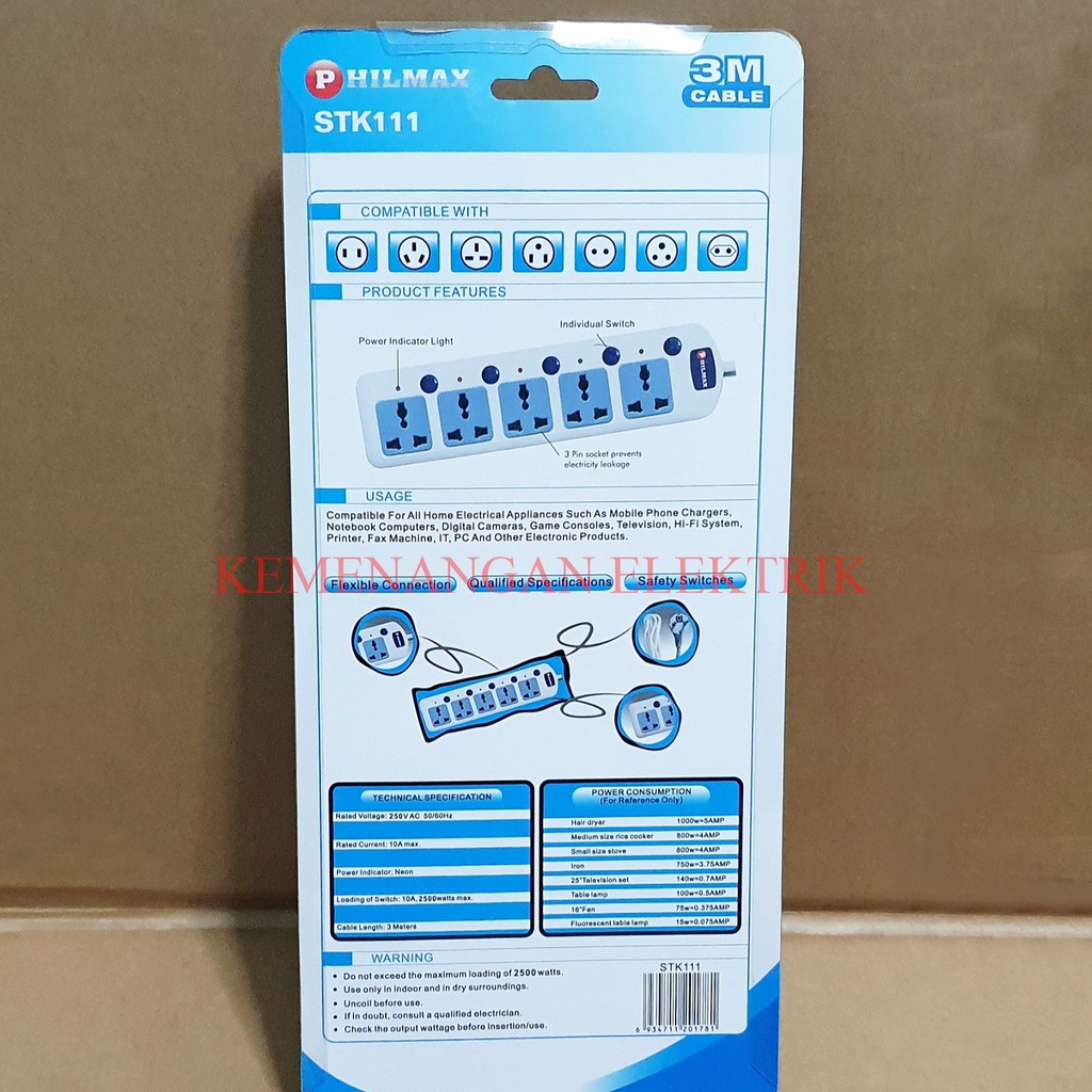 PHILMAX STOP KONTAK 5 LUBANG / COLOKAN KABEL 5 SOCKET + SWITCH / SAKLAR KABEL 3M STOPKONTAK 3 METER / COLOKAN LAMPU MASING MASING SWITCH 5 LOBANG 3METER