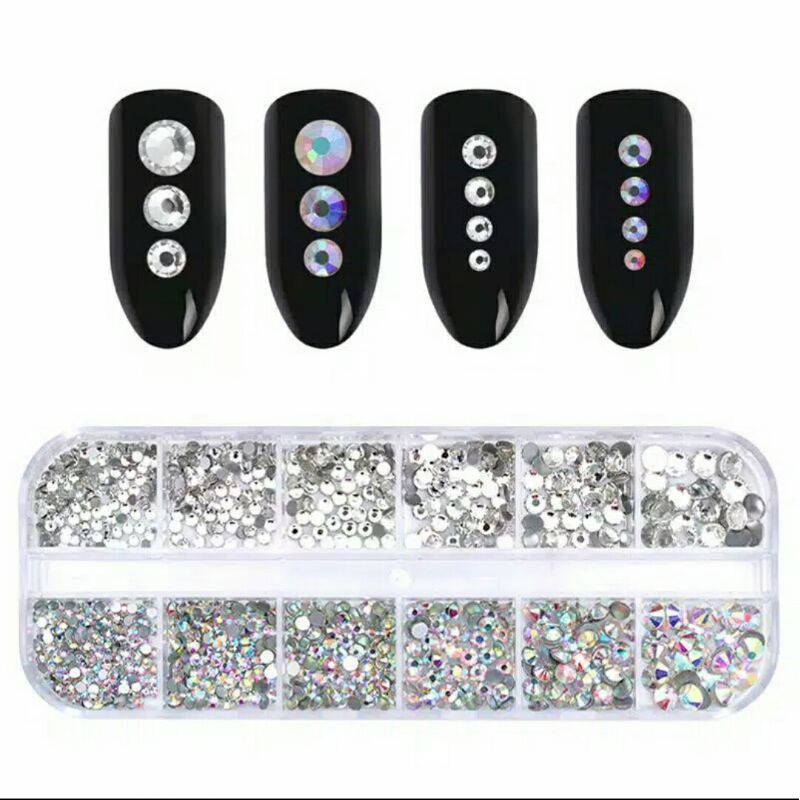 1 Kotak berlian imitasi 3D berbagai ukuran untuk Nail Arts/rhinestone/manik-manik/halfpearl pelangi clear white