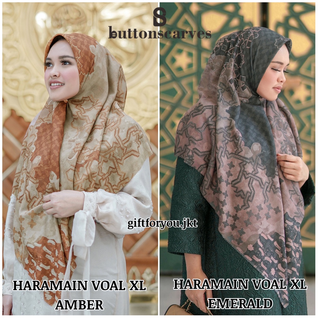 Buttonscarves Haramain Amber / Emerald Voal Square XL Syari Jilbab Hijab Button Scarves Kerudung Pre