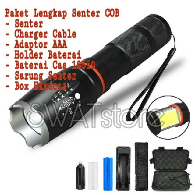 Paket Komplit Senter LED Torch Cree XM-L T6  Plus Charger plus Box dan Baterai Cas 18650