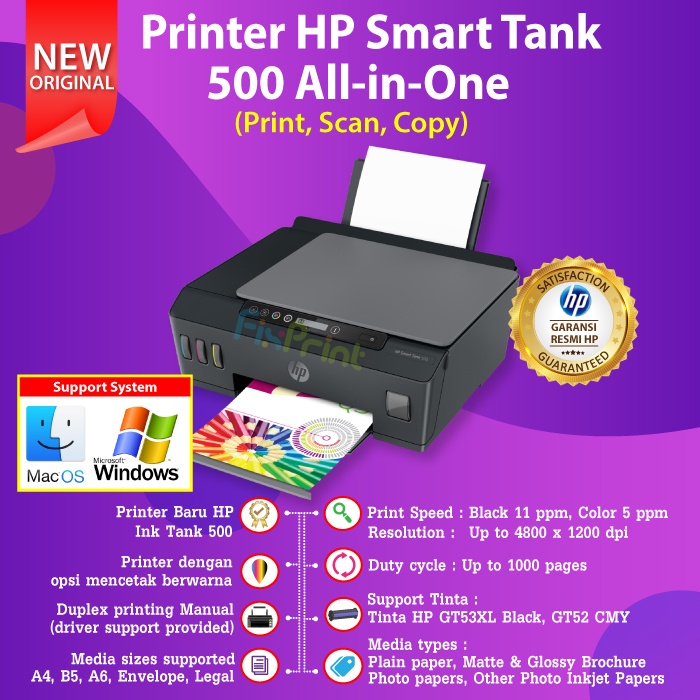 Printer HP Smart Tank 500 Print Scan Copy 4SR29A Tinta HP GT53 GT52