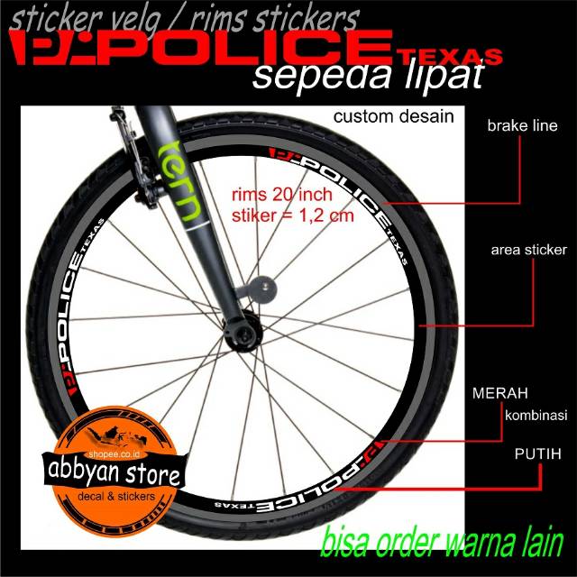 Sepeda Lipat Decal Stiker Velg Rims custom desain Police Texas 1,2 cm