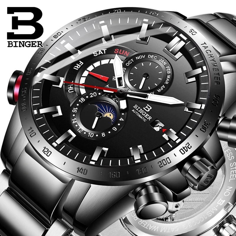 Jam tangan mekanik pria Genuine Luxury Switzerland BINGER Brand Men automatic mechanical Luminous