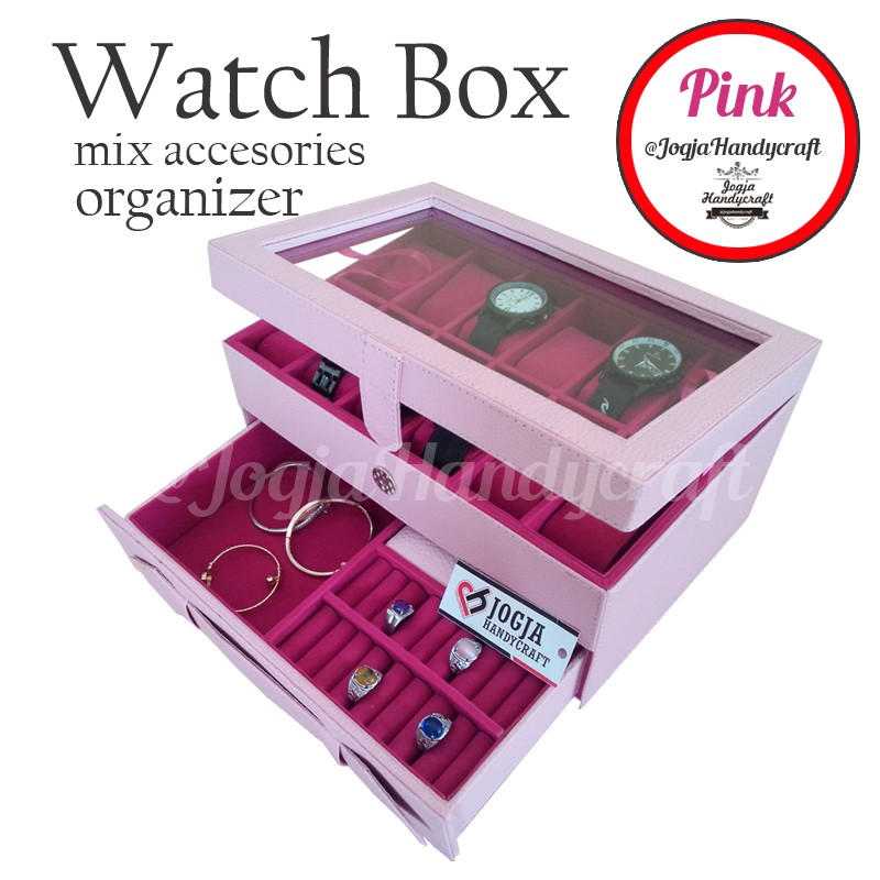 Baby Pink Watch Box For 12 Watches Mix Accesories / Kotak jam isi 12 mix laci tempat perhiasan