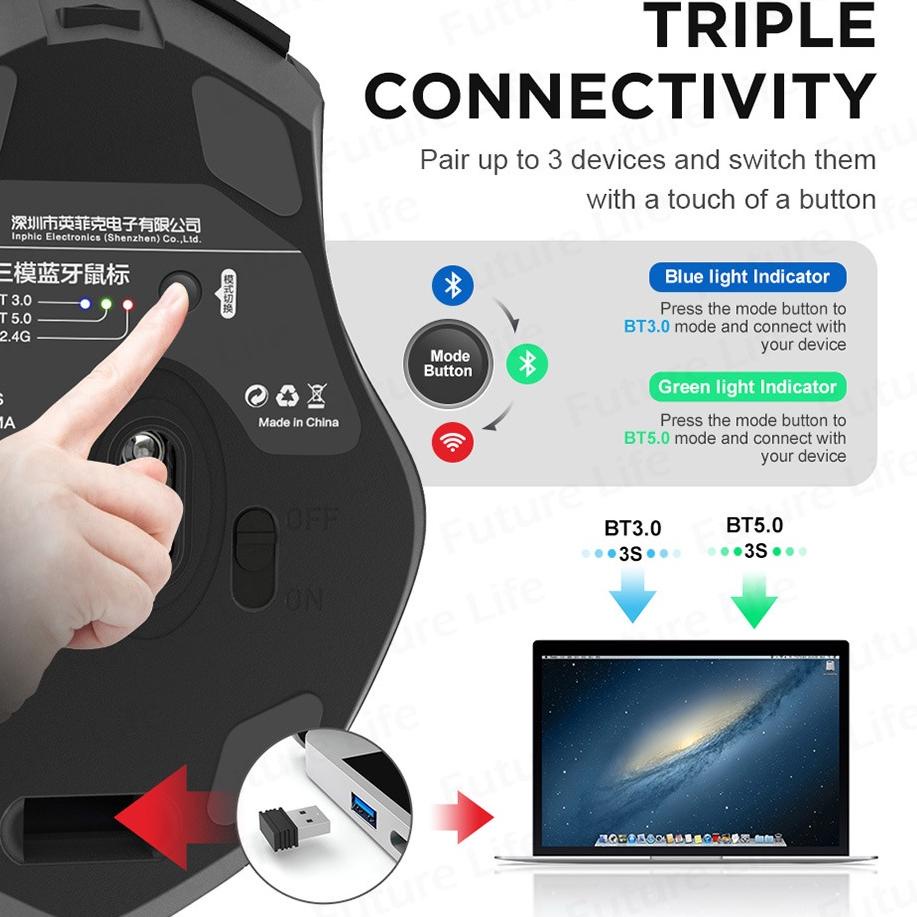 Paket Laris Mouse Wireless Rechargeable 2.4G INPHIC PM-6 Office Mute Mouse Bluetooth Support PC Laptop Tablet Mobile Phone Mouse Gaming