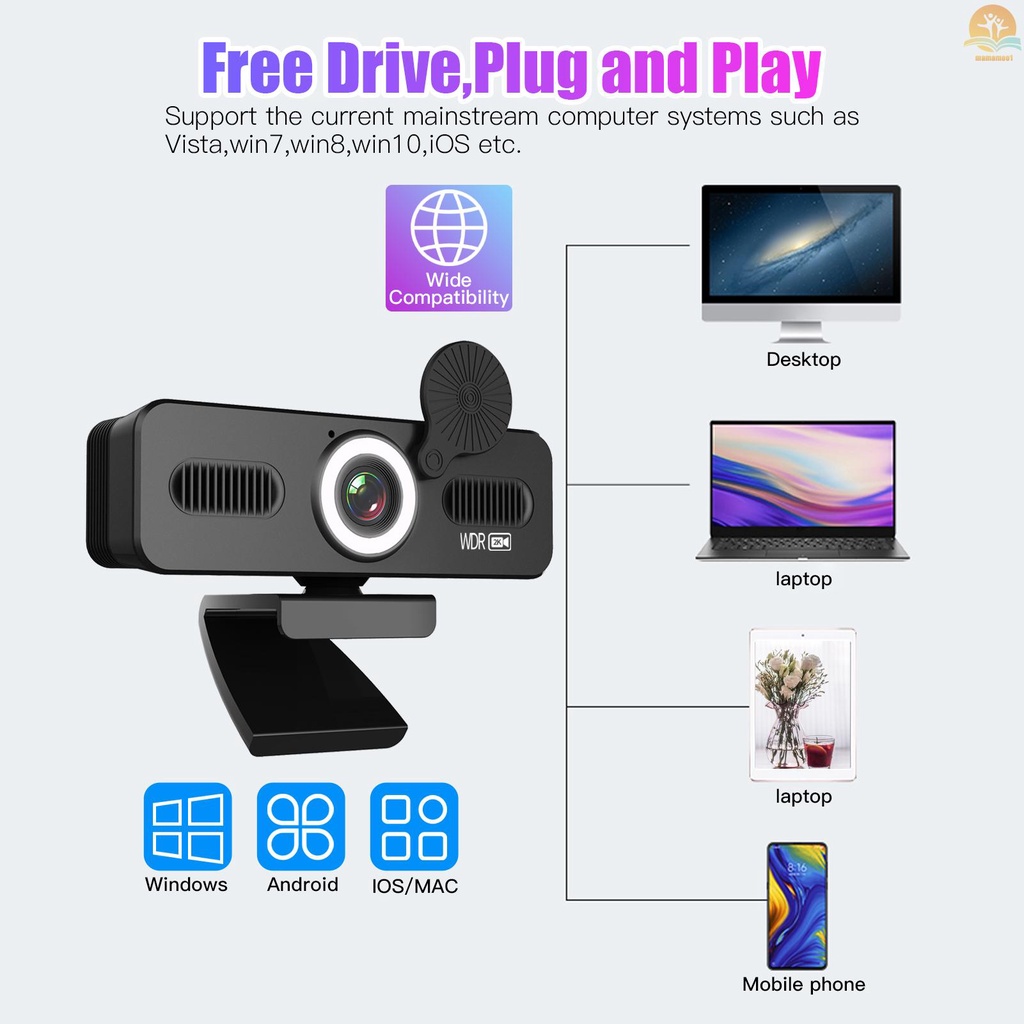 1440P HD Webcam Computer Webcam with Microphone USB PC Web Camera 120-degree Wide Angle with Fill-in Light Free Drive for Recording Calling Conferencing Gaming Compatible with Windows Vista iOS Android