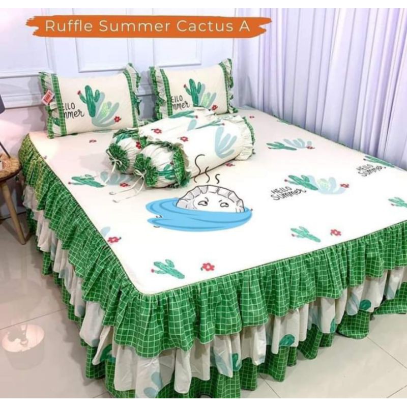 Sprei katun rumbai pengantin susun 3 motif Summer Cactus ukuran 180*200 T30
