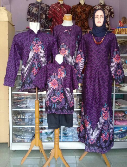 Batik Couple Keluarga Sania Ruffle Ori Ndoro Jowi Dnt Motif Pagar Ayu Ungu Terong