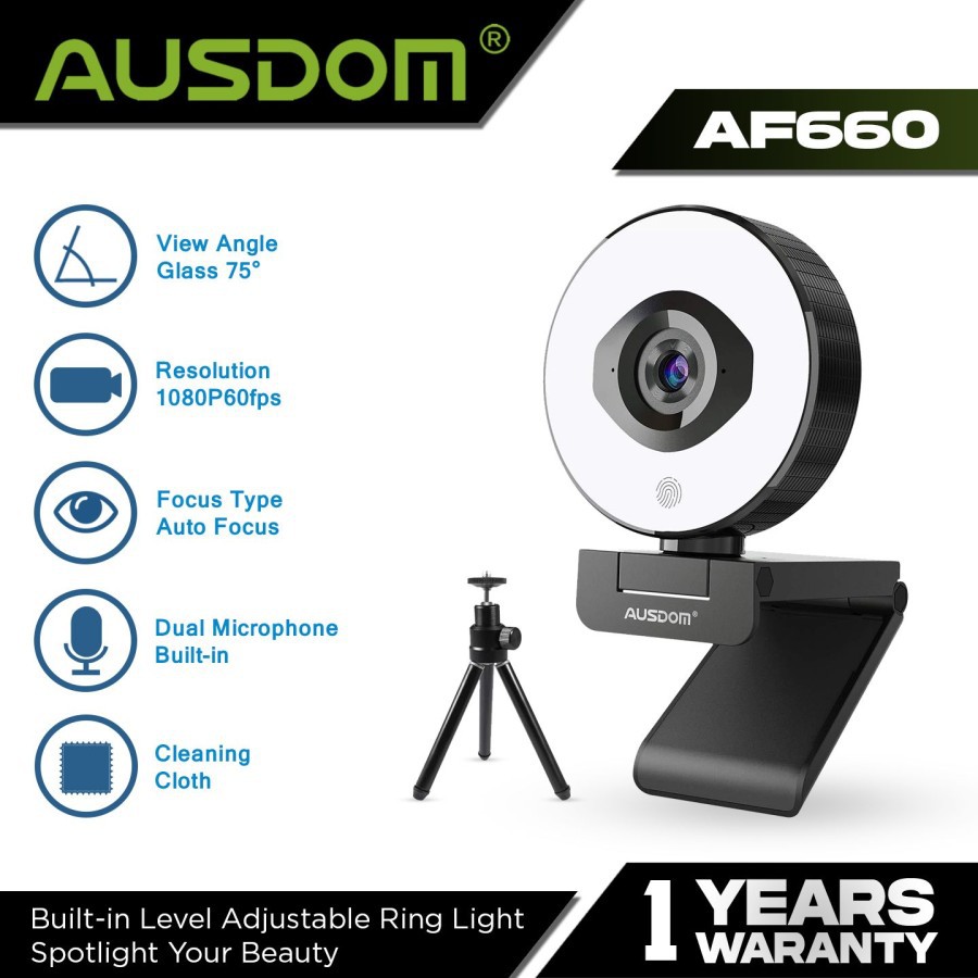 AUSDOM Webcam 1080P 60FPS Autofocus with Tripod, Light - AF660