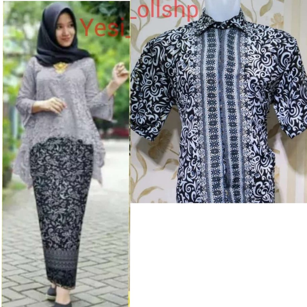 SB Collection Couple Stelan Via Kebaya Blouse Brukat Rok Lilit Super Jumbo Dan Kemeja Batik Pria