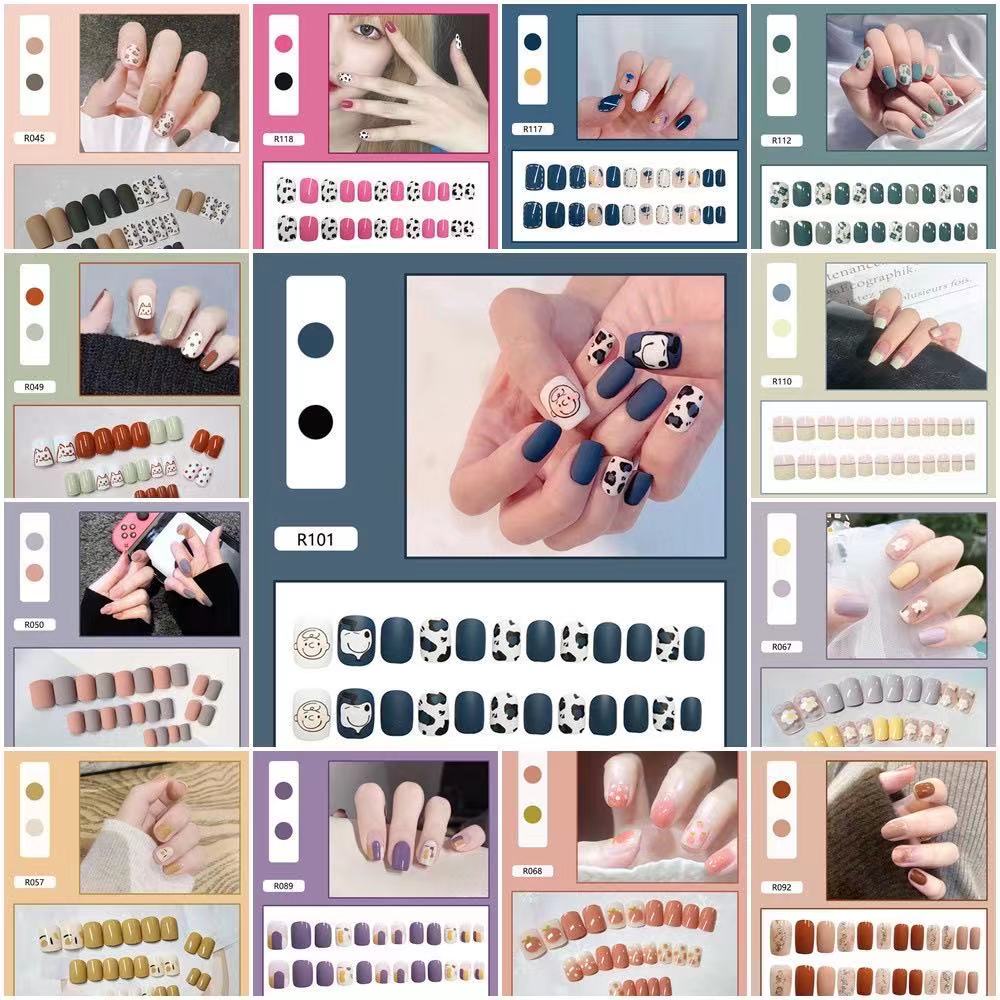 R001-R056Tempelan 24Pcs/Set Kuku Palsu Imitasi berikut lem D60 nail Nail Art Nail Care kuku palsu 3d