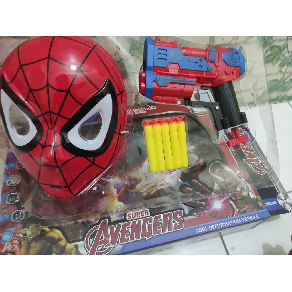 Mainan Tembakan + Topeng Spidermen Anak - Tembakan Soft Gun Peluru Busa