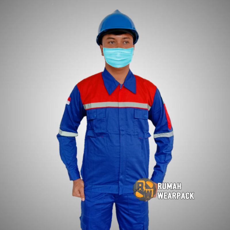 Baju Kerja/ Wearpack Proyek/ Seragam Kerja Atasan Biru Benhur Merah