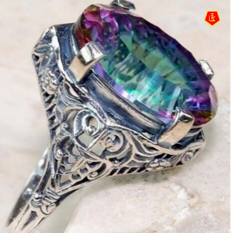 [Ready Stock]Colorful round Gemstone Ring Retro Fashion