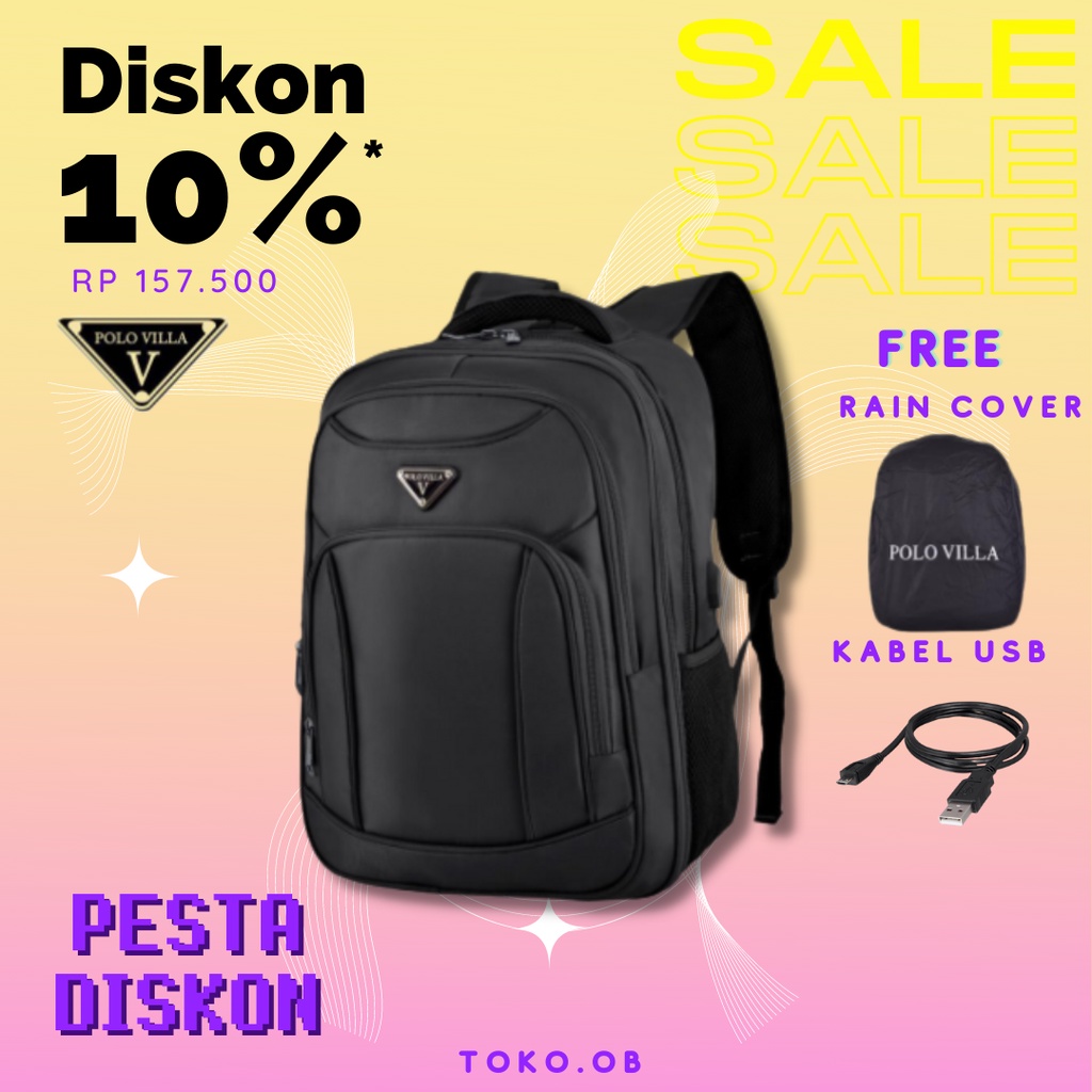 (Toko OB) Tas Murah Sekolah Polo Villa 14087, Ransel Sekolah (Free Kabel Extension USB + Free Rain Cover)