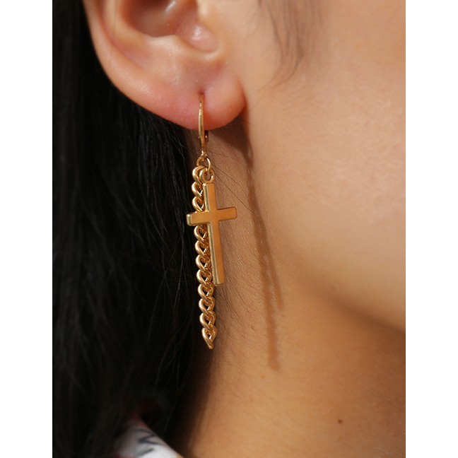 LRC Anting Tusuk Fashion Golden Geometric Cross Tassel Chain Stitching Earrings K48359