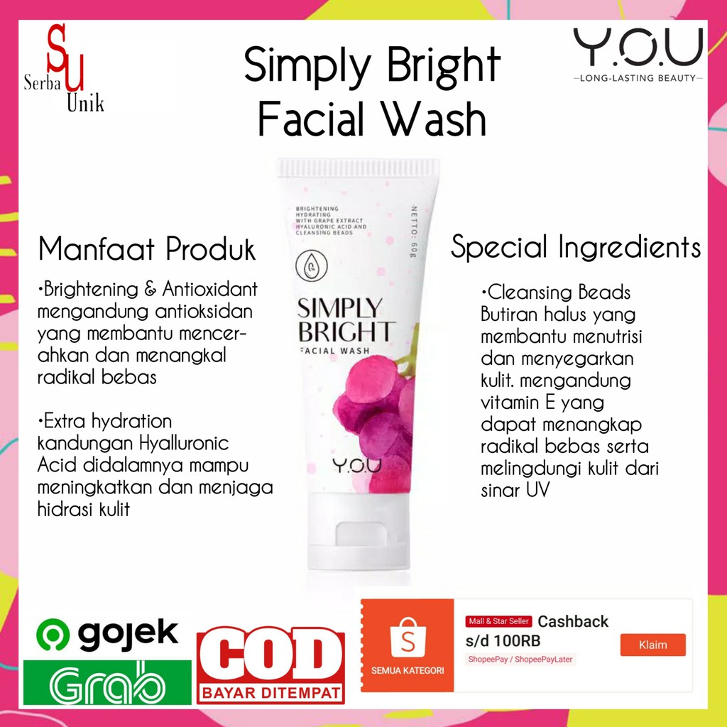 You Basic Skin Care Simply Fresh and Bright Facial Wash 60g &amp; Hy Amino Facial Wash Anti Acne | Oil Control | Brightening | Hydrating 100g