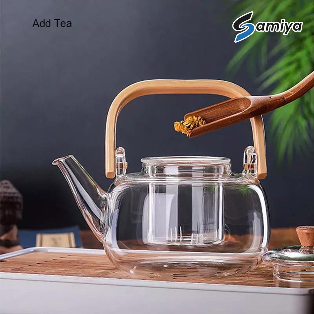 teapot glass bamboo handle heat resistant / teko teh ceret kaca gagang bambu tahan panas dingin