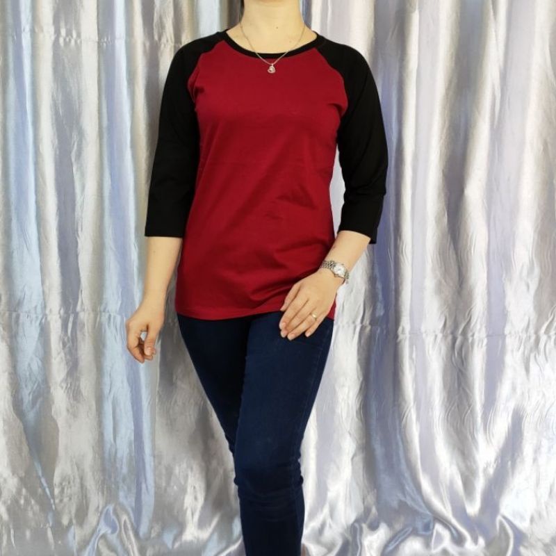 kaos polos reglan wanita (unisex) lengan 3/4 uk m l xl xxl-Maron/hitam 3/4