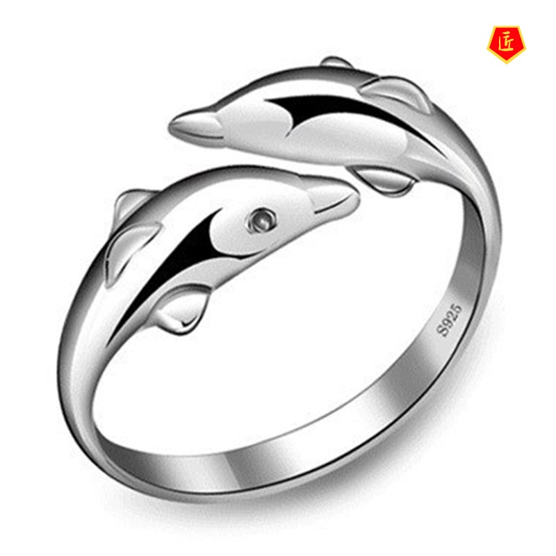 [Ready Stock]Happy Double Dolphin Love Silver Ring Women